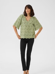 Kaffe Green KAtura A-line Fit Eyelet Lace 100% Cotton Blouse - Image 1 of 5