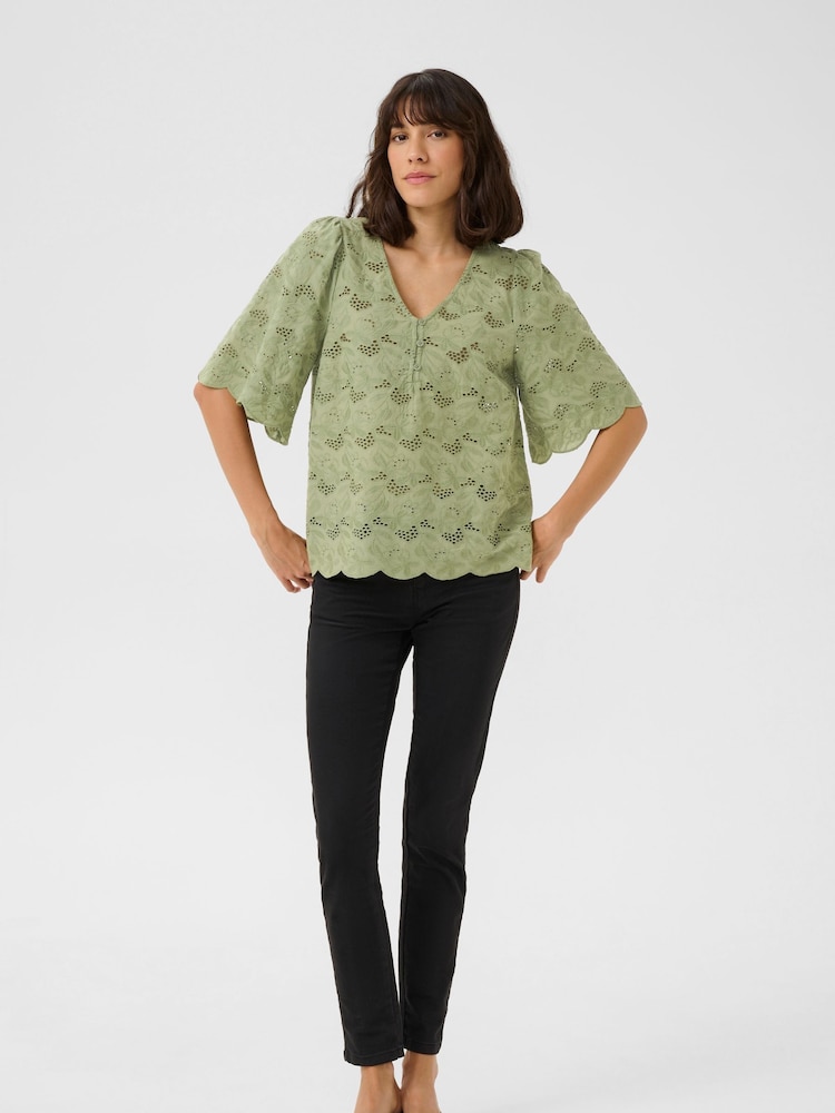Kaffe Green KAtura A-line Fit Eyelet Lace 100% Cotton Blouse - Image 1 of 5