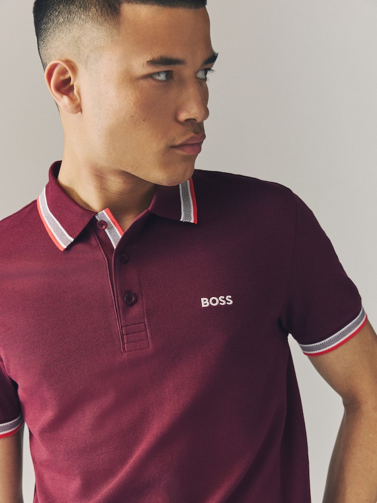 BOSS Maroon Tipped Paddy 100% Cotton Polo Shirt - Image 3 of 4