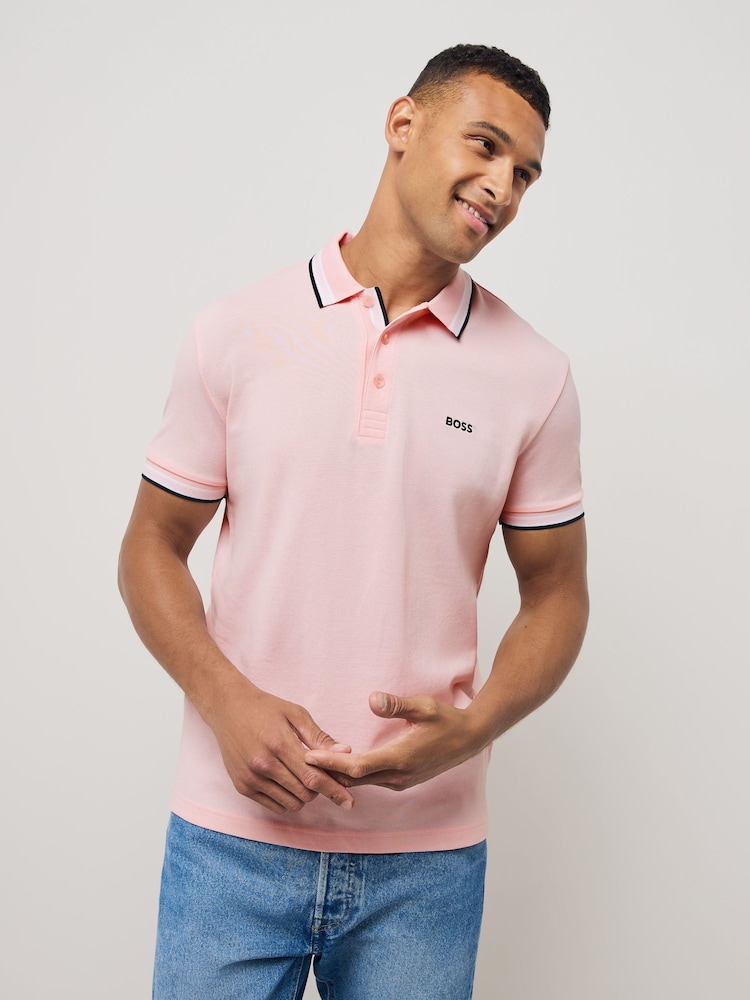 BOSS Pink Regular Fit Paddy Tipped Collar 100% Cotton Polo Shirt - Image 1 of 5