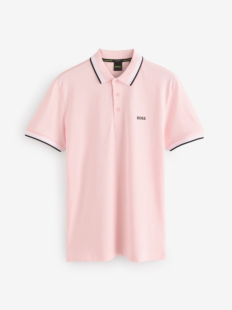 BOSS Pink Regular Fit Paddy Tipped Collar 100% Cotton Polo Shirt - Image 5 of 5
