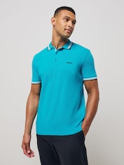 Sky Blue - BOSS Regular Fit Paddy Tipped Collar 100% Cotton Polo Shirt - Image 1 of 5