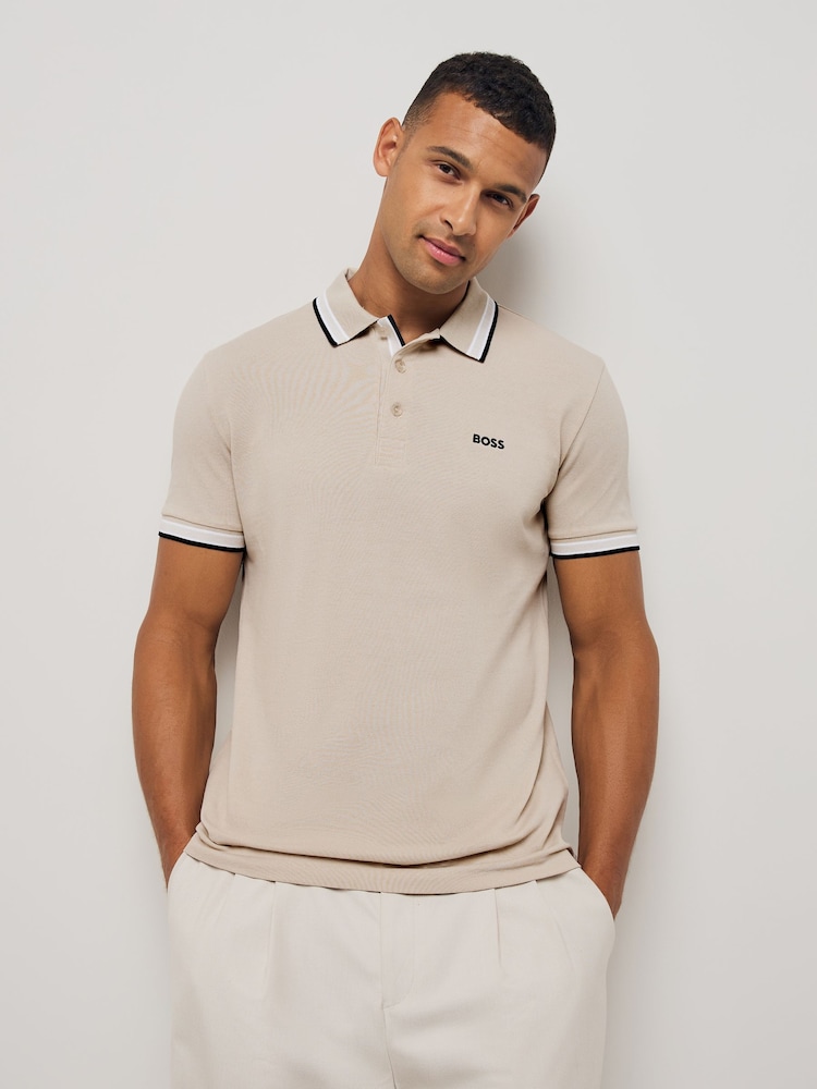 BOSS Cream Regular Fit Paddy Tipped Collar Polo Shirt - Image 1 of 5