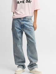 HUGO Blue All-Over Logo Print Straight Leg 100% Cotton Denim Jeans - Image 1 of 5