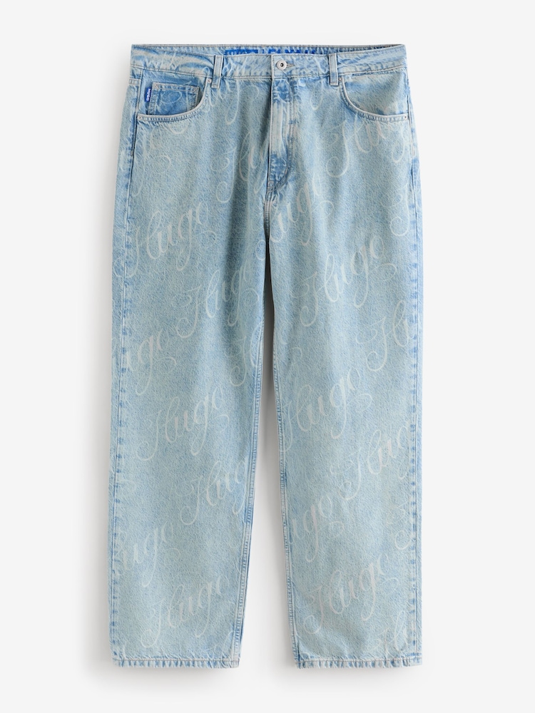 HUGO Blue All-Over Logo Print Straight Leg 100% Cotton Denim Jeans - Image 1 of 5