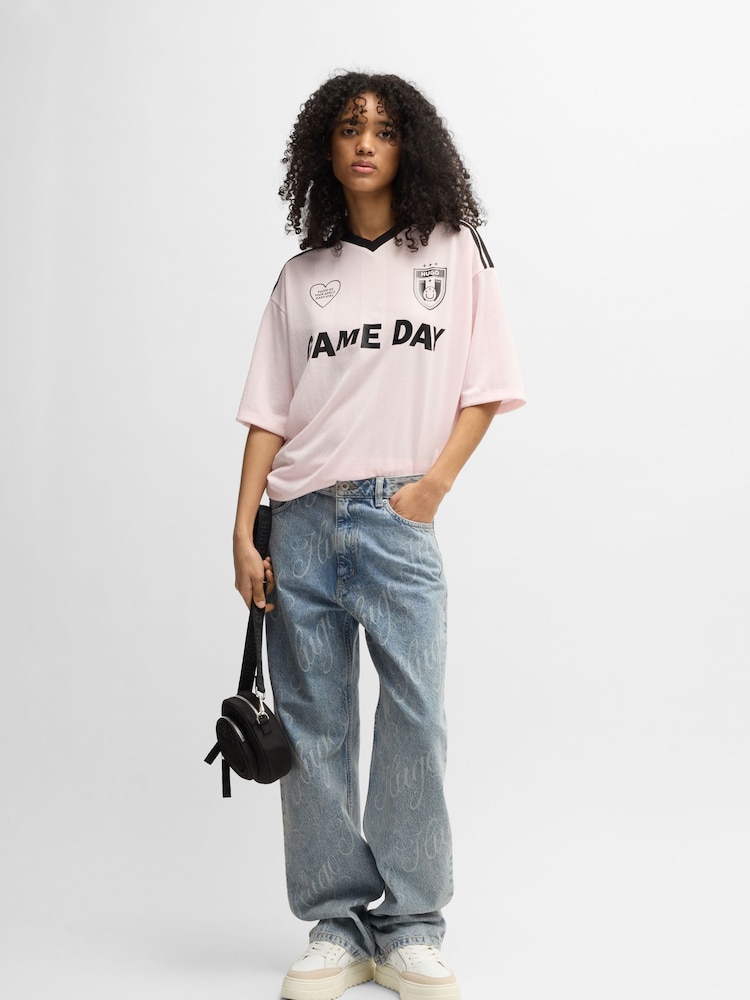 HUGO Blue All-Over Logo Print Straight Leg 100% Cotton Denim Jeans - Image 2 of 5