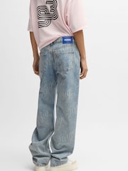 HUGO Blue All-Over Logo Print Straight Leg 100% Cotton Denim Jeans - Image 3 of 5