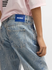 HUGO Blue All-Over Logo Print Straight Leg 100% Cotton Denim Jeans - Image 4 of 5