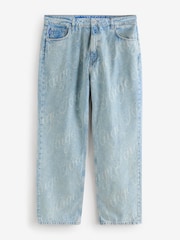 HUGO Blue All-Over Logo Print Straight Leg 100% Cotton Denim Jeans - Image 5 of 5
