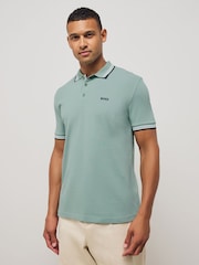 BOSS Grey Chrome Regular Fit Paddy Tipped Collar 100% Cotton Polo Shirt - Image 1 of 5
