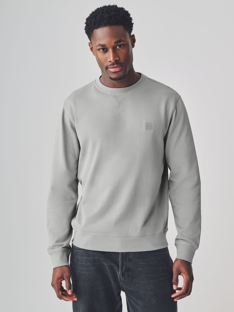 BOSS Light Grey Westart Crew Neck Logo Sweat Top Jumper - Image 1 of 4 BOSS Light Grey Westart Crew Neck Logo Sweat Top Jumper - Image 1 of 4