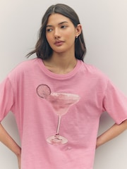 BOSS Pink Oversize 100% Cotton Cocktail Glass Graphic T-Shirt - Image 1 of 4