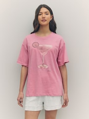 BOSS Pink Oversize 100% Cotton Cocktail Glass Graphic T-Shirt - Image 3 of 4