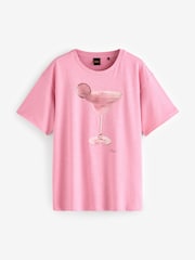 BOSS Pink Oversize 100% Cotton Cocktail Glass Graphic T-Shirt - Image 4 of 4