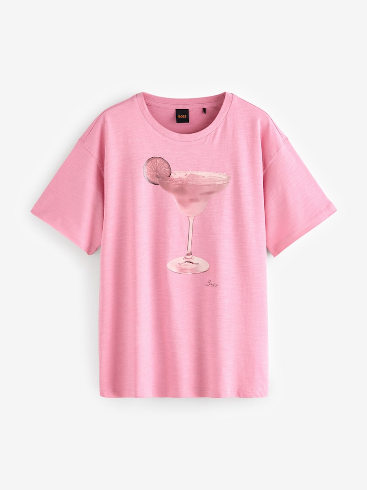 BOSS Pink Oversize 100% Cotton Cocktail Glass Graphic T-Shirt - Image 4 of 4
