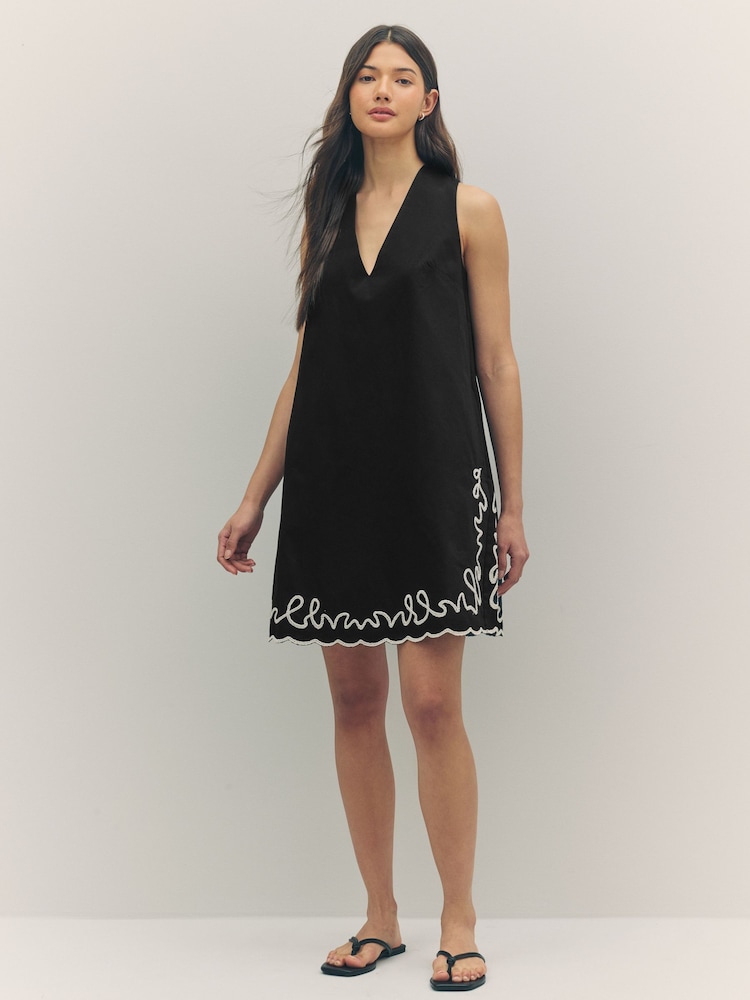 BOSS Black 100% Cotton A Line Embroidered Detail Mini Dress - Image 1 of 1