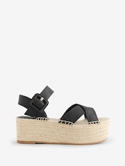 BOSS Black Platform Raffia Leather Strap Sandals - Image 1 of 7