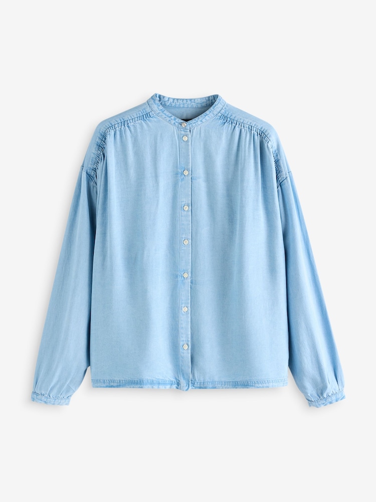 BOSS Blue Pleated Henley Collar Blouse - Image 1 of 1