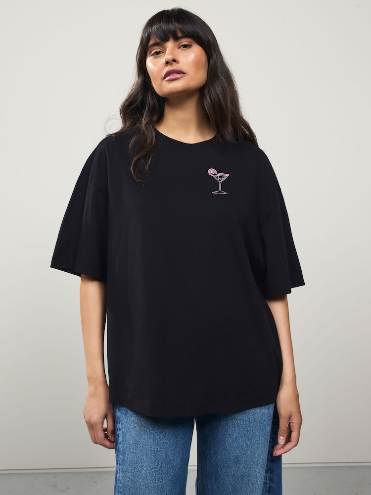 BOSS Black Oversize 100% Cotton Cocktail Graphic Fit T-Shirt - Image 1 of 4 BOSS Black Oversize 100% Cotton Cocktail Graphic Fit T-Shirt - Image 1 of 4