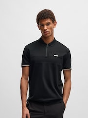 أسود - BOSS Regular Fit Golf Philix Zip Neck 100% Cotton Polo Shirt - صورة 1 من 5
