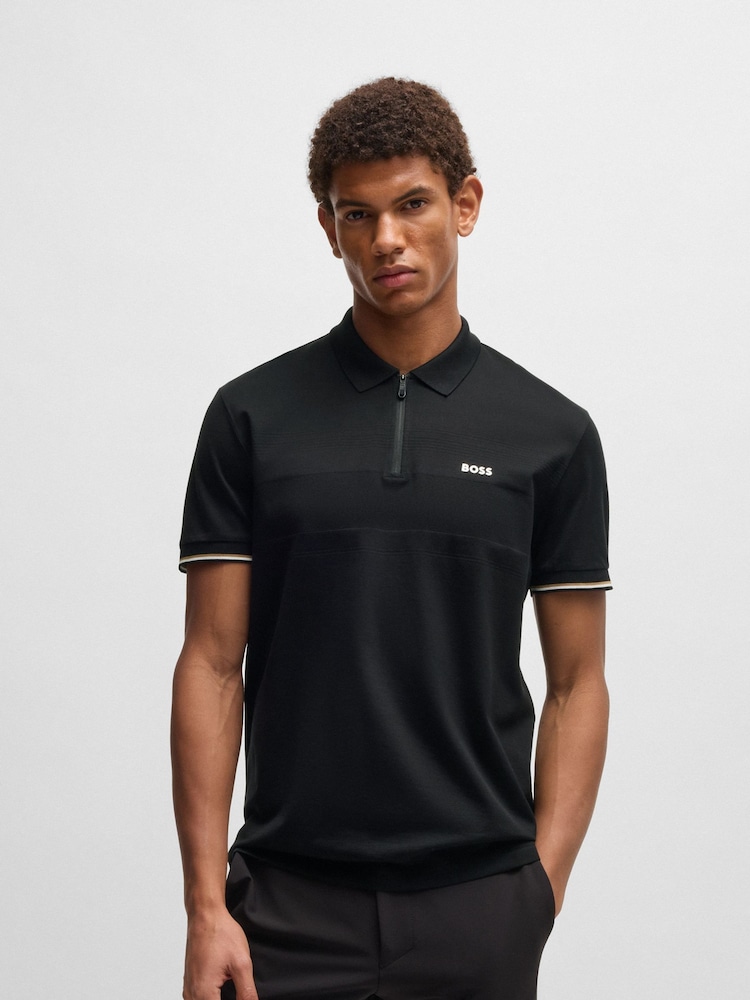 أسود - BOSS Regular Fit Golf Philix Zip Neck 100% Cotton Polo Shirt - صورة 1 من 5
