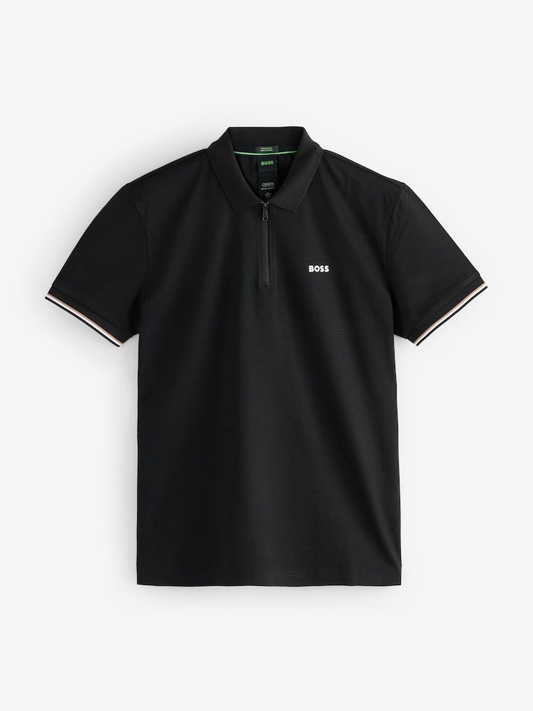 أسود - BOSS Regular Fit Golf Philix Zip Neck 100% Cotton Polo Shirt - صورة 5 من 5