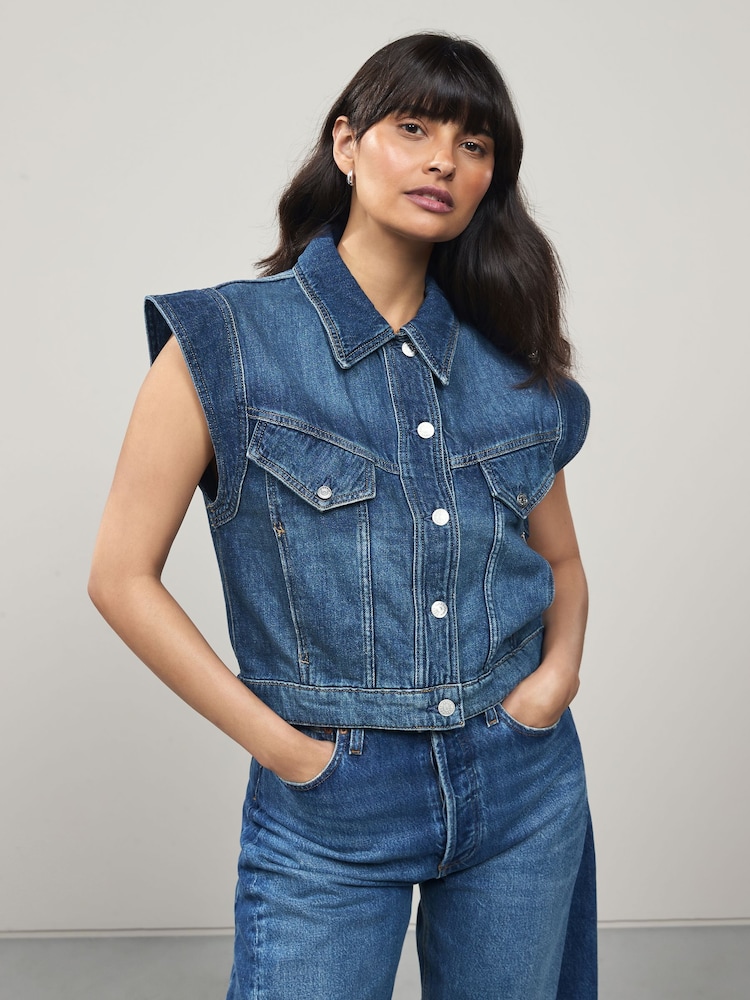 BOSS Blue Denim Trucker Button Through Vest Jacket - Image 1 of 4 BOSS Blue Denim Trucker Button Through Vest Jacket - Image 1 of 4