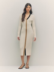 BOSS White Signature Stripe V-Neck Knit Midi Dress - Image 1 of 5