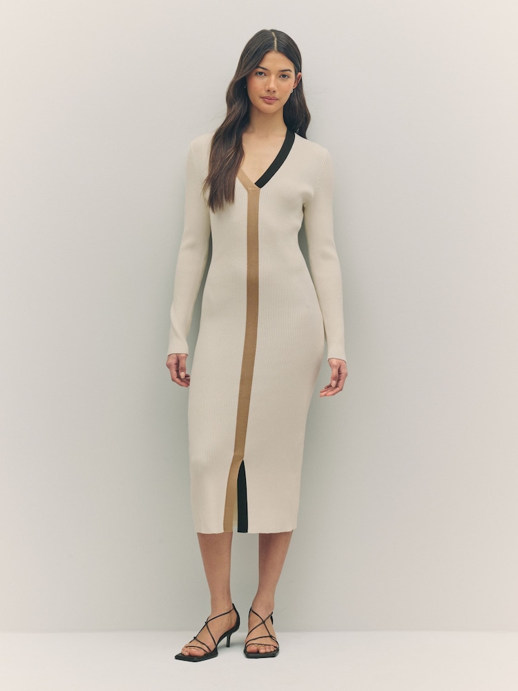 BOSS White Signature Stripe V-Neck Knit Midi Dress - Image 1 of 5