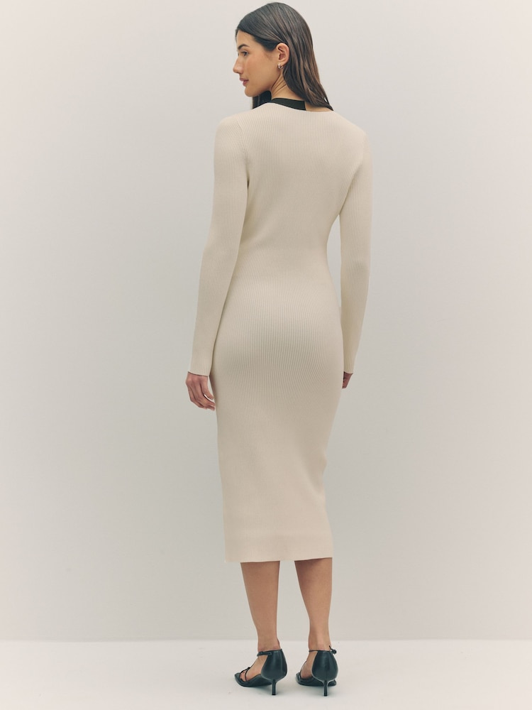 BOSS White Signature Stripe V-Neck Knit Midi Dress - Image 2 of 5