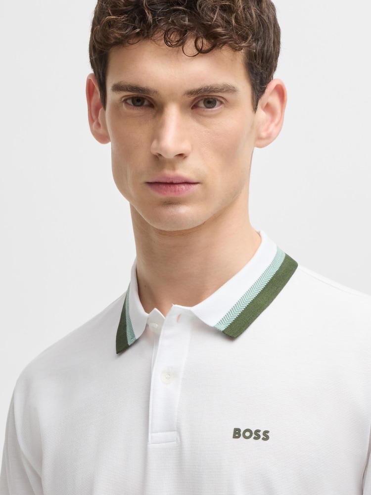 BOSS White Regular Fit Golf 100% Cotton Paddy Contrast Detail Polo Shirt - Image 4 of 5