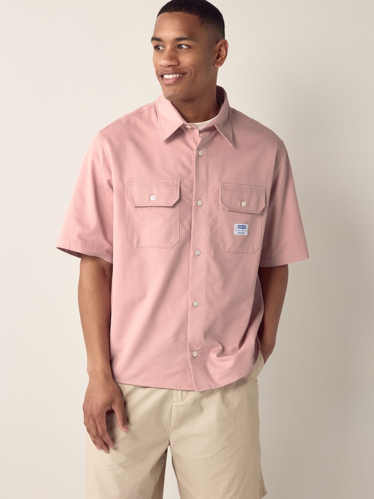HUGO Pink Loose Fit Double Pocket Short Sleeve 100% Cotton Shirt - Image 1 of 4
