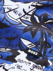 BOSS Blue & White Piranha Printed Swim Shorts - Image 3 of 4