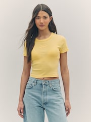 HUGO Yellow Baby Logo Cropped 100% Cotton T-Shirt - Image 1 of 4