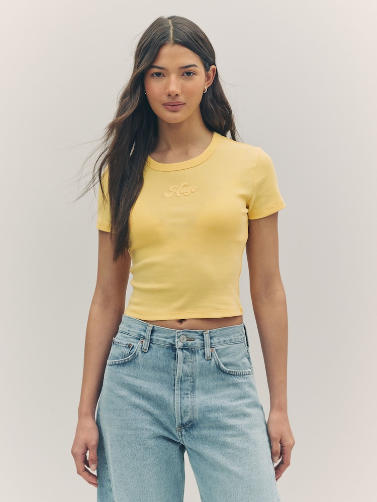 HUGO Yellow Baby Logo Cropped 100% Cotton T-Shirt - Image 1 of 4