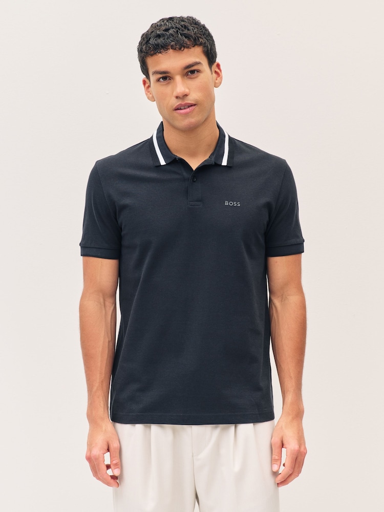 BOSS Navy Regular Fit Golf 100% Cotton Paddy Contrast Detail Polo Shirt - Image 1 of 5 BOSS Navy Regular Fit Golf 100% Cotton Paddy Contrast Detail Polo Shirt - Image 1 of 5