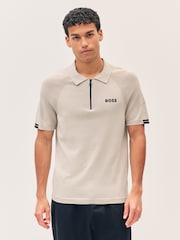 BOSS Beige Slim Fit Zip Neck Knitted Polo Shirt - Image 1 of 1