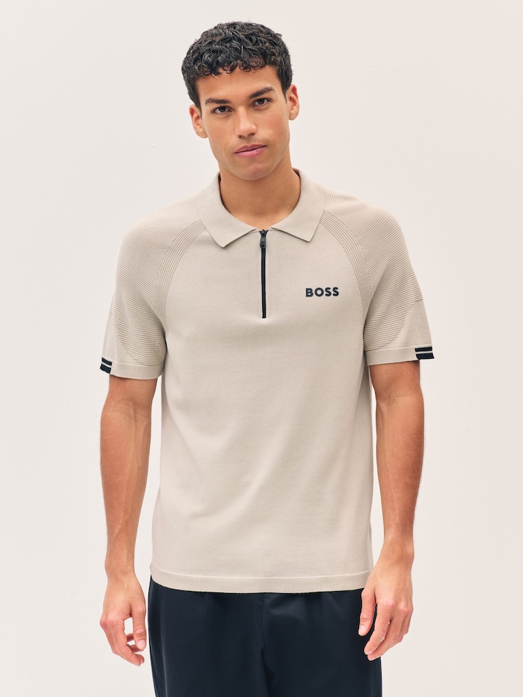 BOSS Beige Slim Fit Zip Neck Knitted Polo Shirt - Image 1 of 1