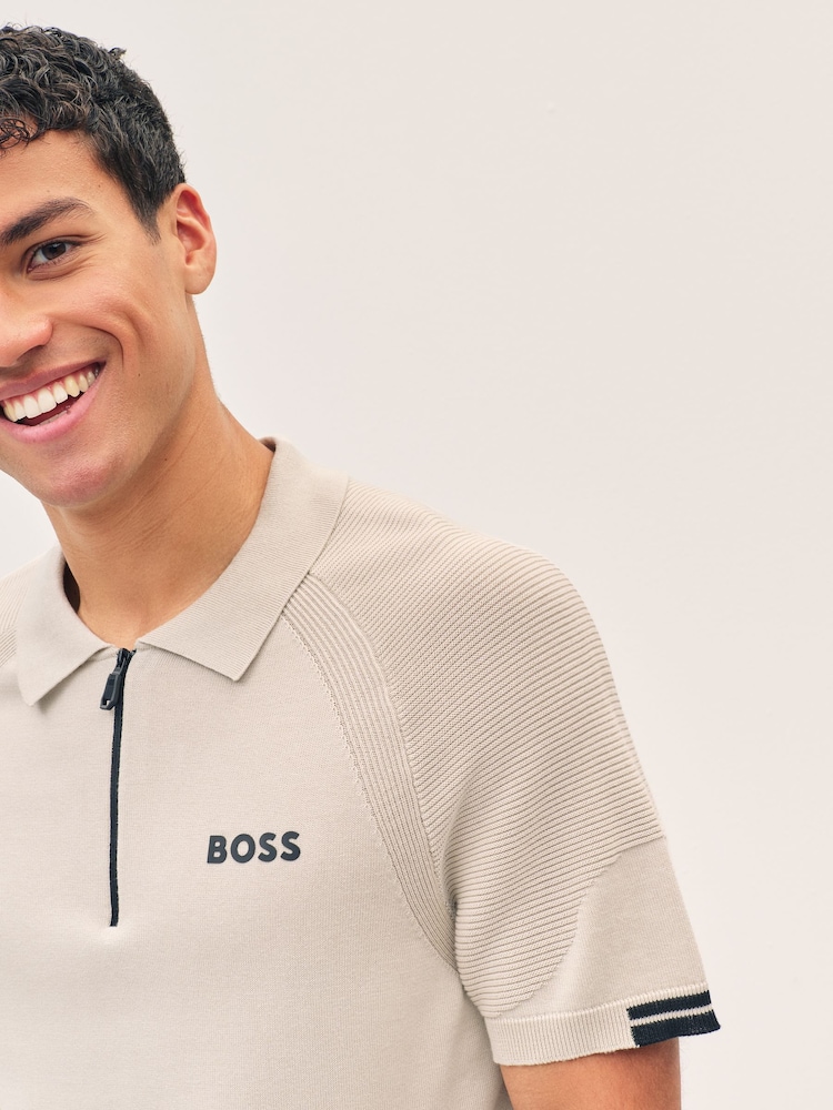 BOSS Beige Slim Fit Zip Neck Knitted Polo Shirt - Image 3 of 4