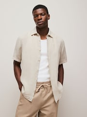 BOSS Beige Regular Fit Short Sleeve 100% Linen Shirt - Image 1 of 6