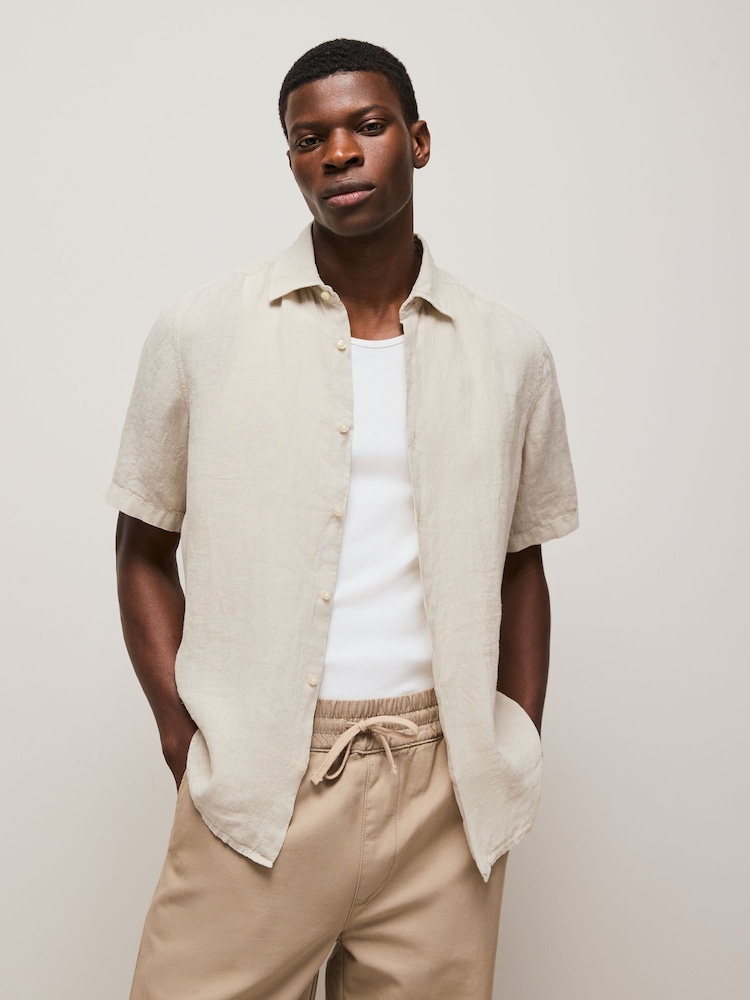 BOSS Beige Regular Fit Short Sleeve 100% Linen Shirt - Image 1 of 6
