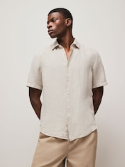 BOSS Beige Regular Fit Short Sleeve 100% Linen Shirt - Image 2 of 6
