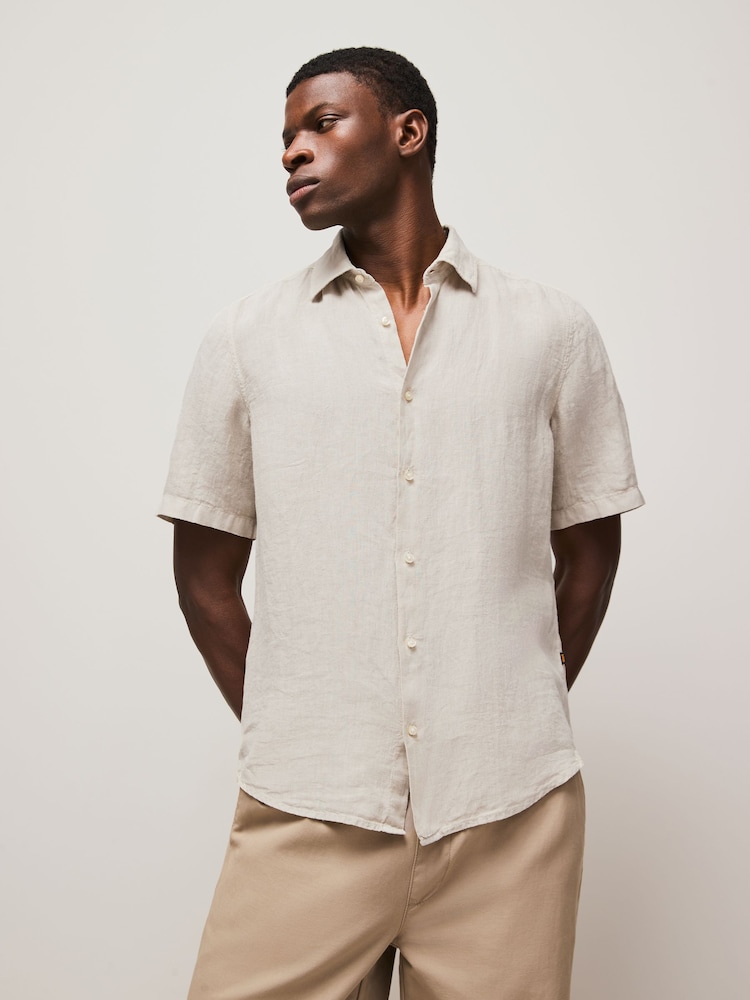 BOSS Beige Regular Fit Short Sleeve 100% Linen Shirt - Image 2 of 6