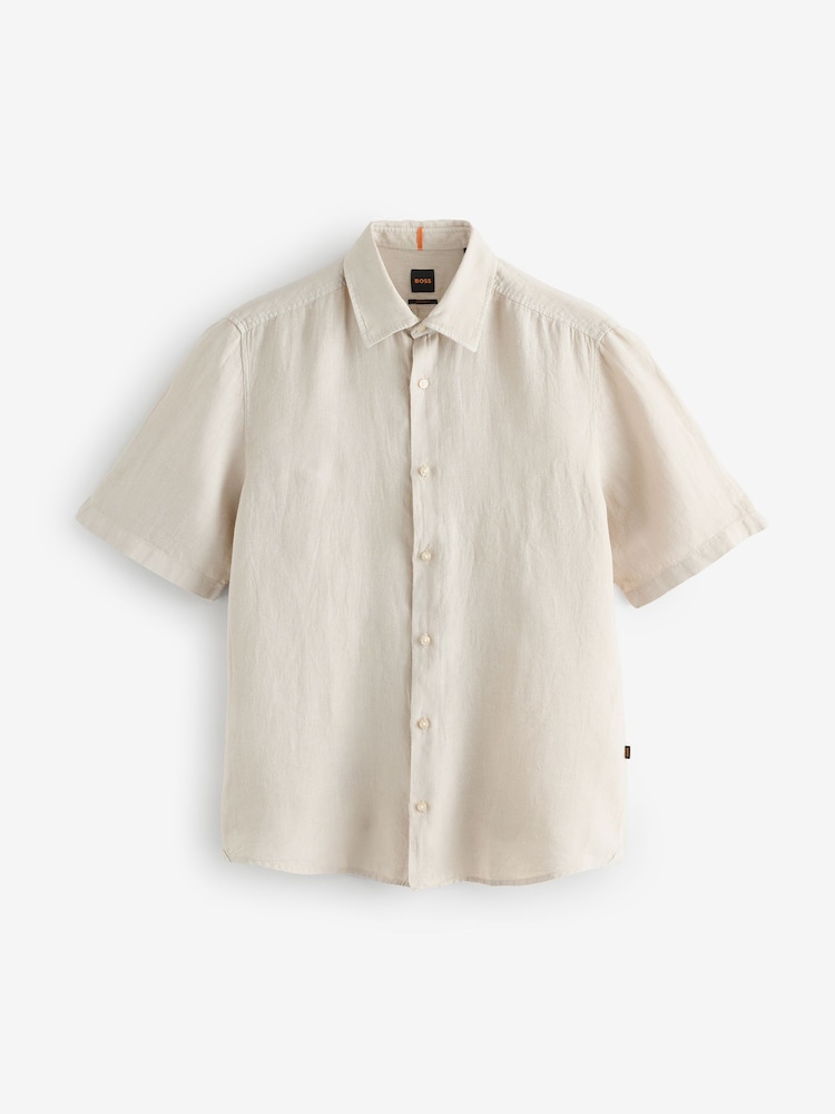 BOSS Beige Regular Fit Short Sleeve 100% Linen Shirt - Image 6 of 6