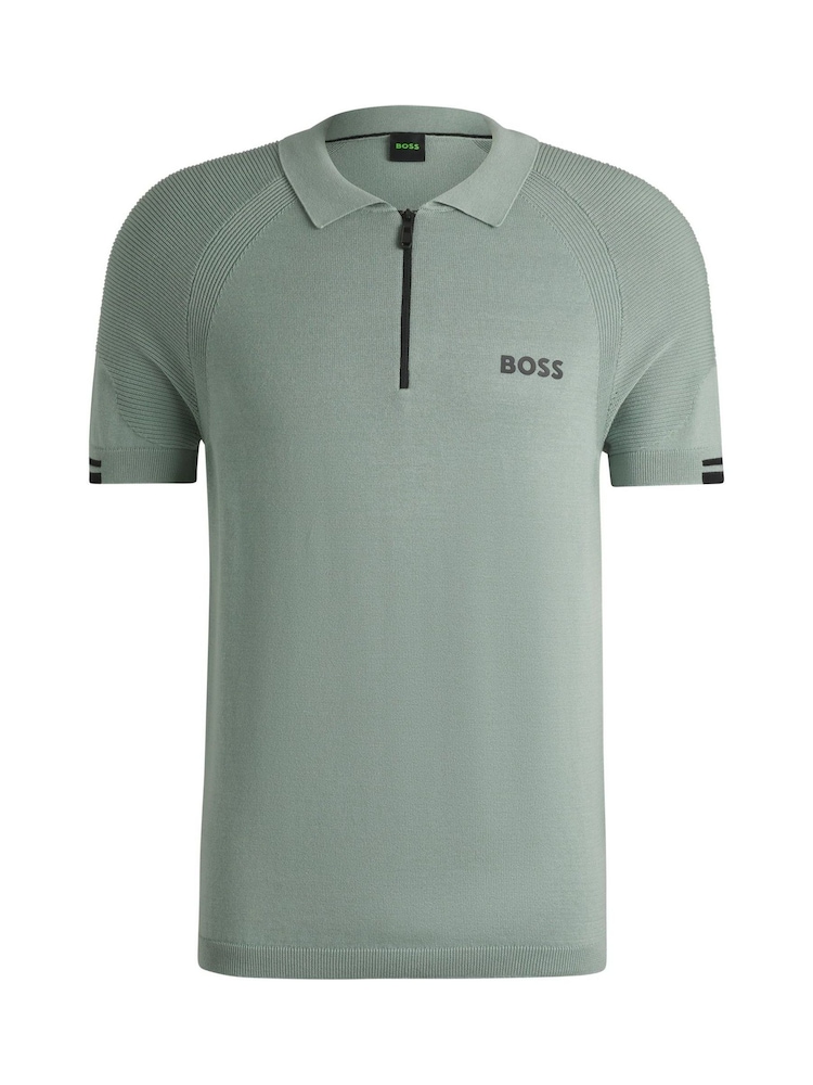 Verde - BOSS Slim Fit Zip Neck Knitted Polo Shirt - Imagen 1 de 1