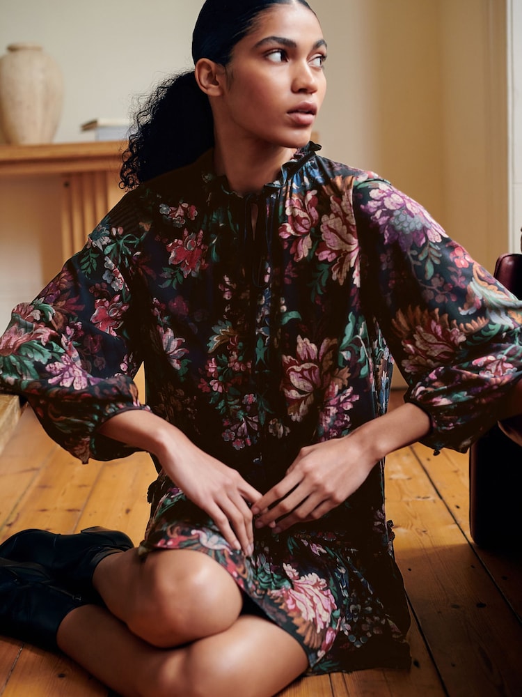 Black & Red Floral Print Mini Tie Front Tiered Long Sleeve Dress - Image 1 of 9 Black & Red Floral Print Mini Tie Front Tiered Long Sleeve Dress - Image 1 of 9