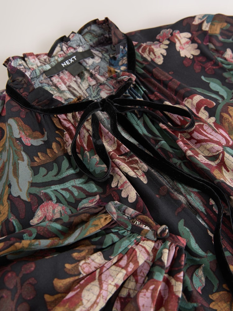 Black & Red Floral Print Mini Tie Front Tiered Long Sleeve Dress - Image 7 of 7