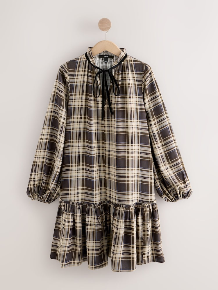 Cheque marrom - Mini vestido de manga comprida com amarração frontal em camadas - Imagem 1 de 4