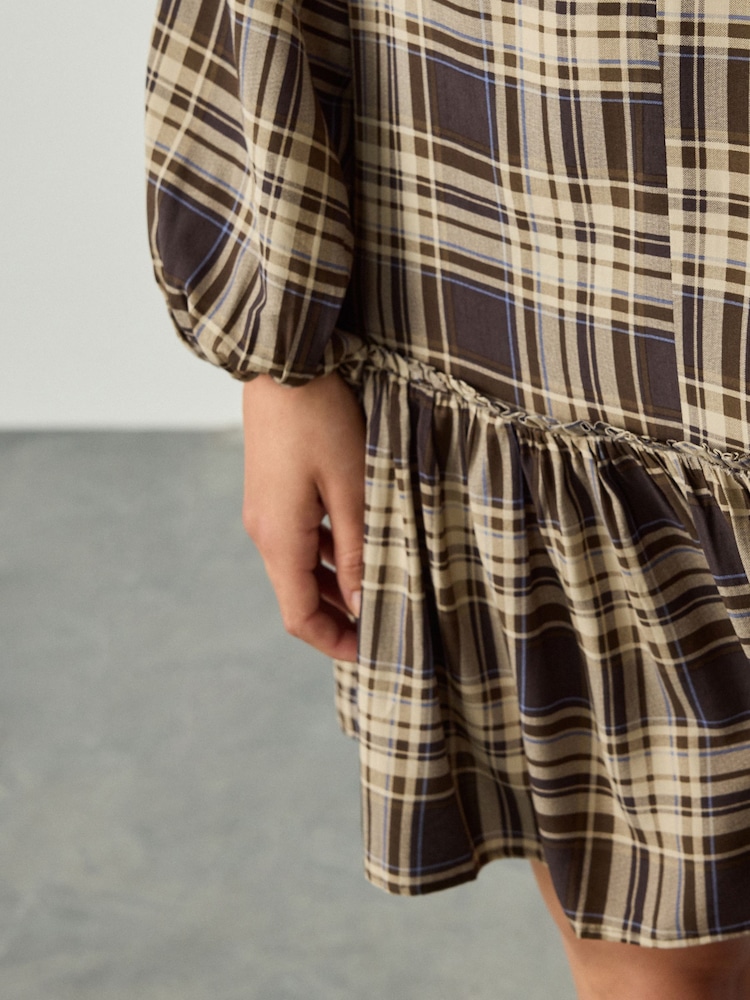 Buy Brown Check Mini Tie Front Tiered Long Sleeve Dress from Next USA Buy Brown Check Mini Tie Front Tiered Long Sleeve Dress from Next USA
