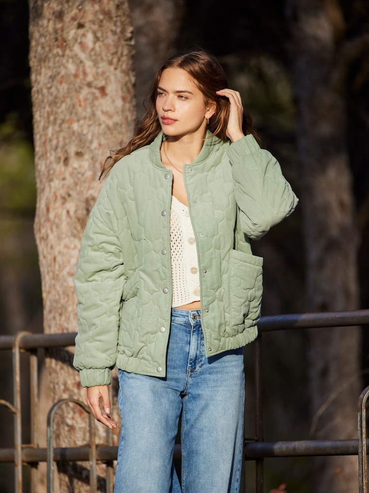 ONLY Green Quilted Button Up Bomber 100% Cotton Jacket - Image 2 of 4